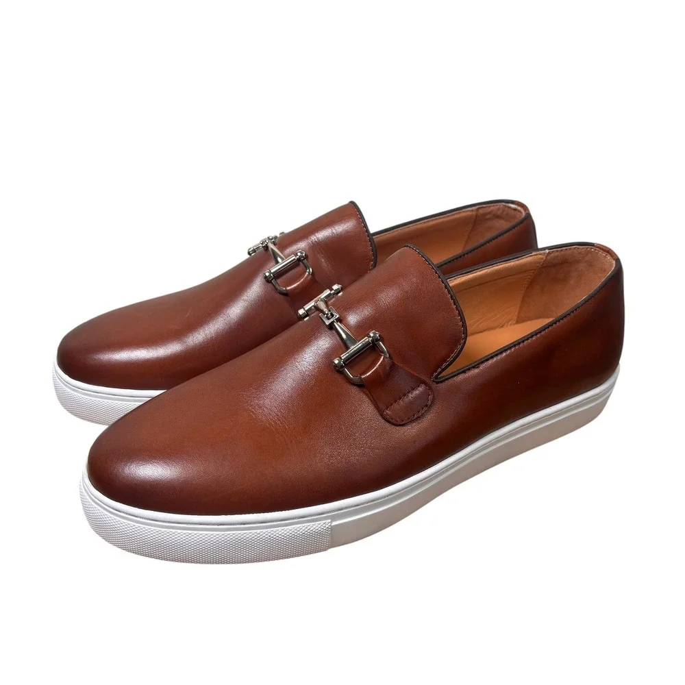 Marc Nolan Mens Cognac Brown Leather Bit Loafer Sneakers Silver Hardware SZ 16